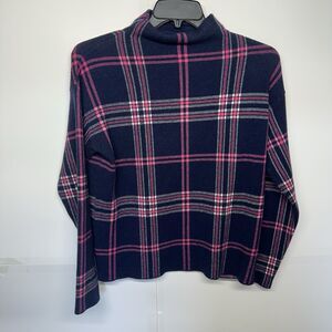 Quintessential Rachel Zoe Sweater L Plaid Mock Neck Navy Pink Pullover Knit